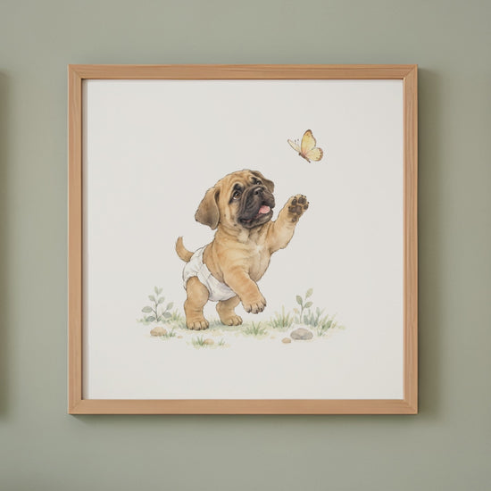Bébé bullmastiff en couche blanche essaie d’attraper un papillon
