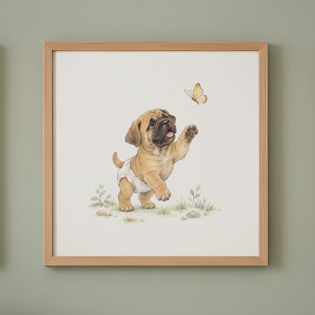 Bébé bullmastiff en couche blanche essaie d’attraper un papillon