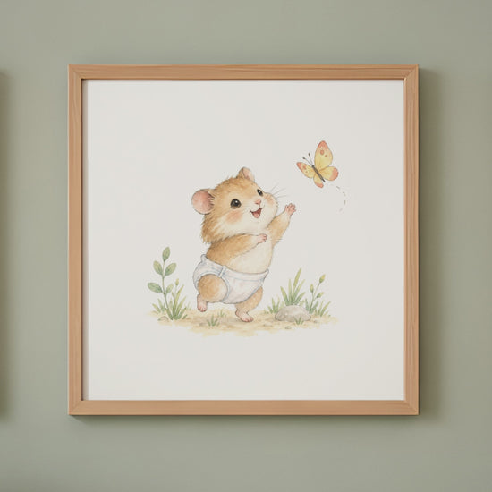 Bébé hamster tend les pattes vers un papillon