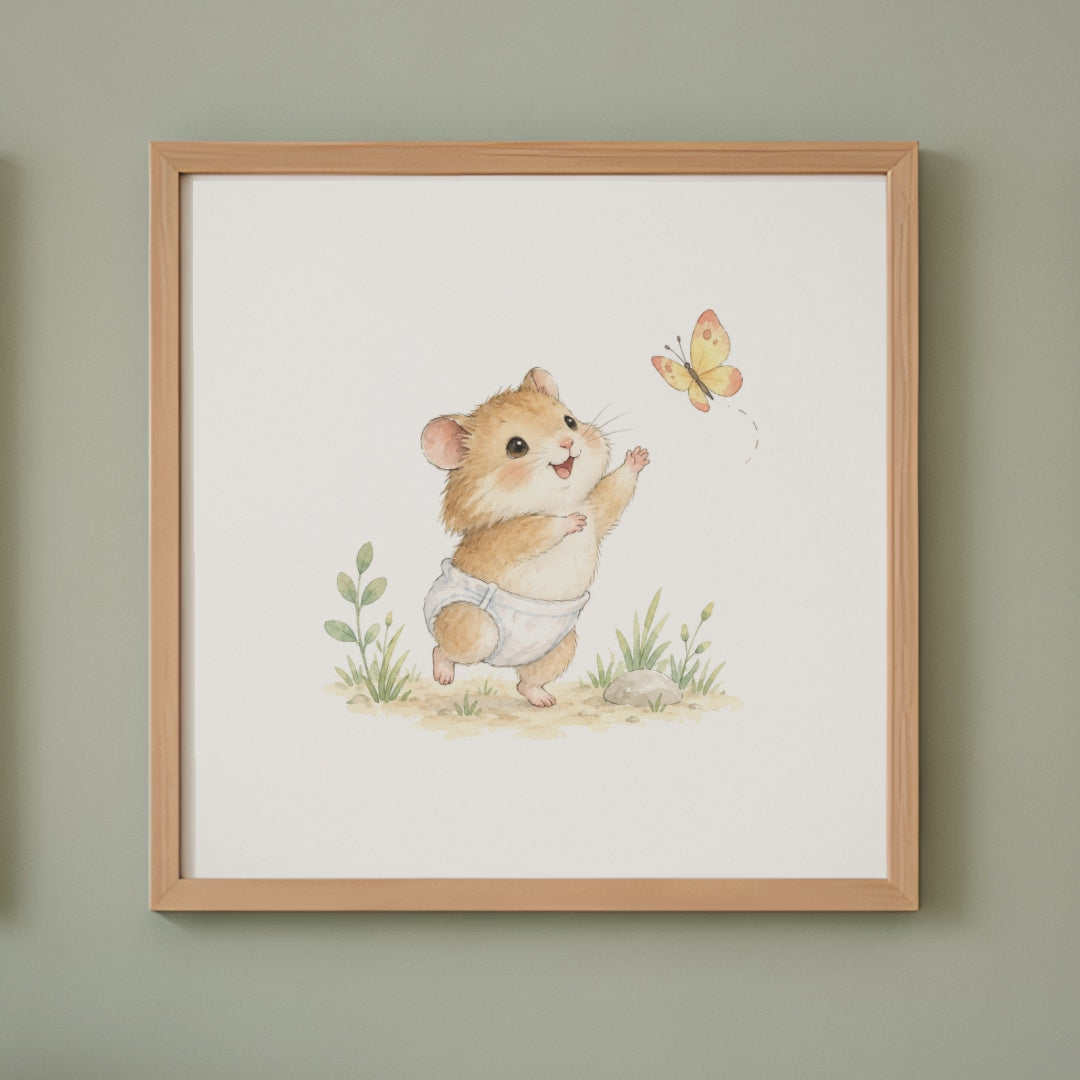 Bébé hamster tend les pattes vers un papillon