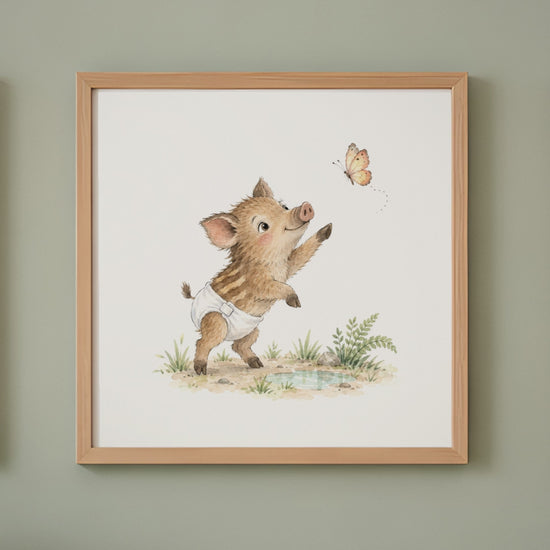 Petit marcassin en couche blanche tend la patte vers un papillon