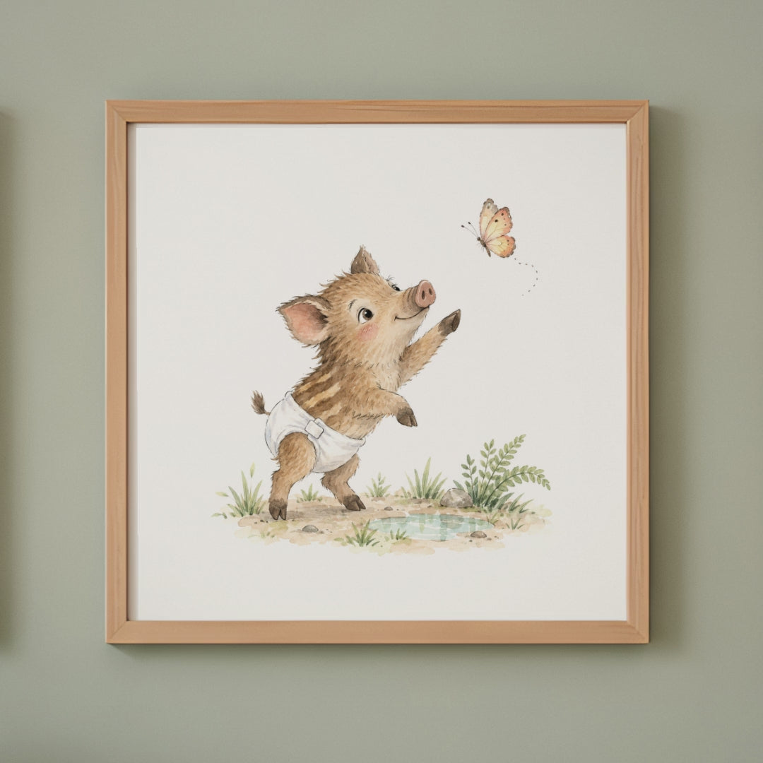 Petit marcassin en couche blanche tend la patte vers un papillon