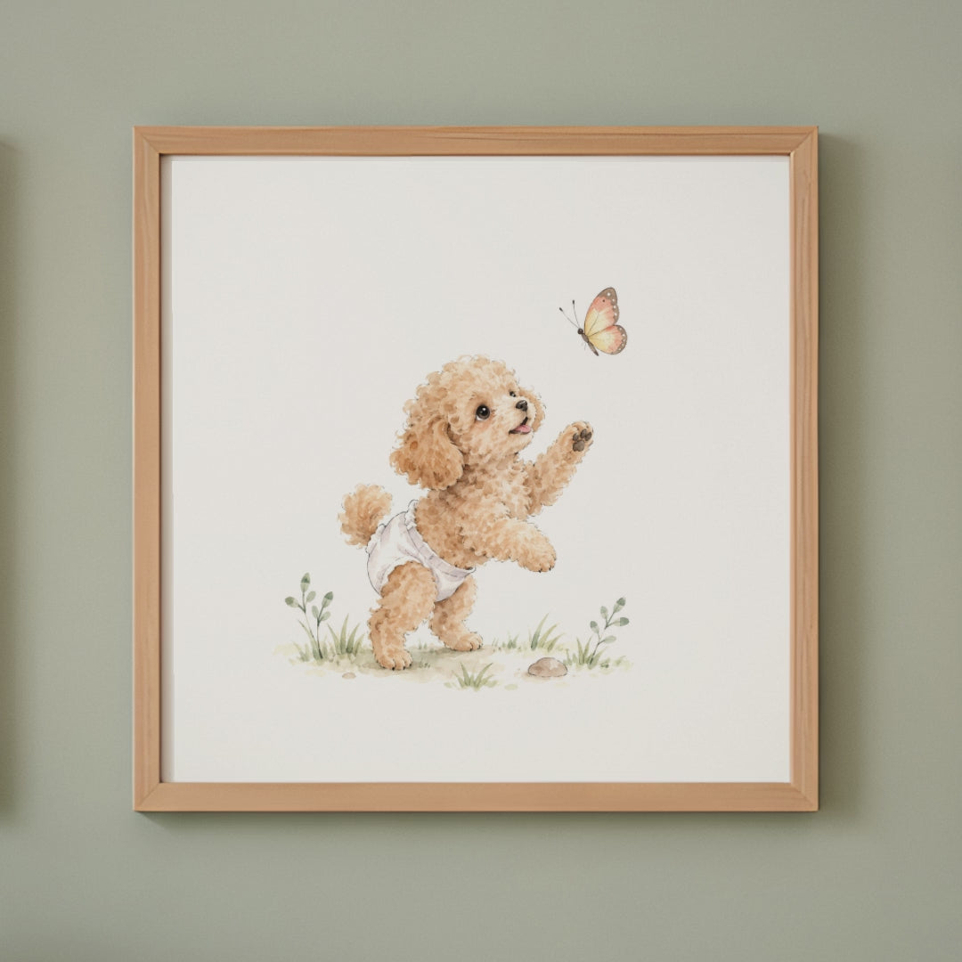 Petit caniche en couche blanche tente d’attraper un papillon