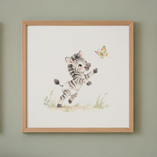 Bébé zèbre en couche blanche poursuit un papillon dans la savane
