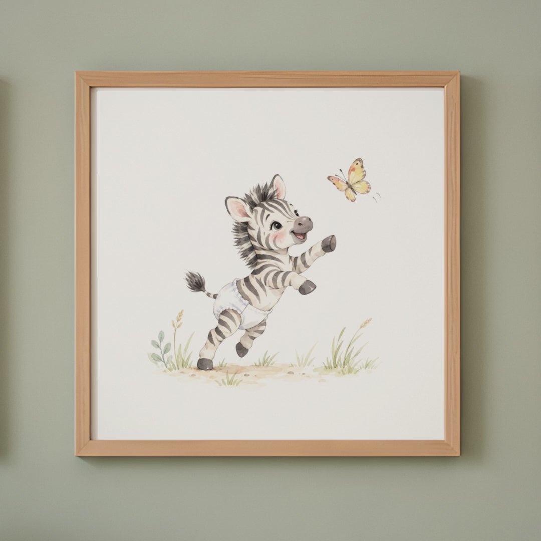 Bébé zèbre en couche blanche poursuit un papillon dans la savane