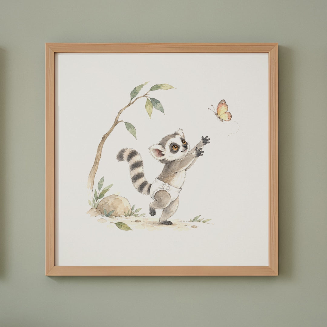 Bébé lémurien en couche blanche cherche à attraper un papillon