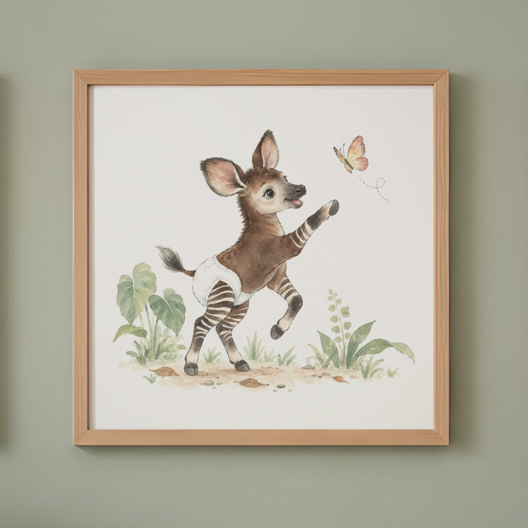 Bébé okapi en couche blanche tend le sabot vers un papillon
