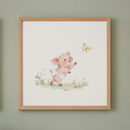 Petit cochon en couche blanche tend les pattes vers un papillon