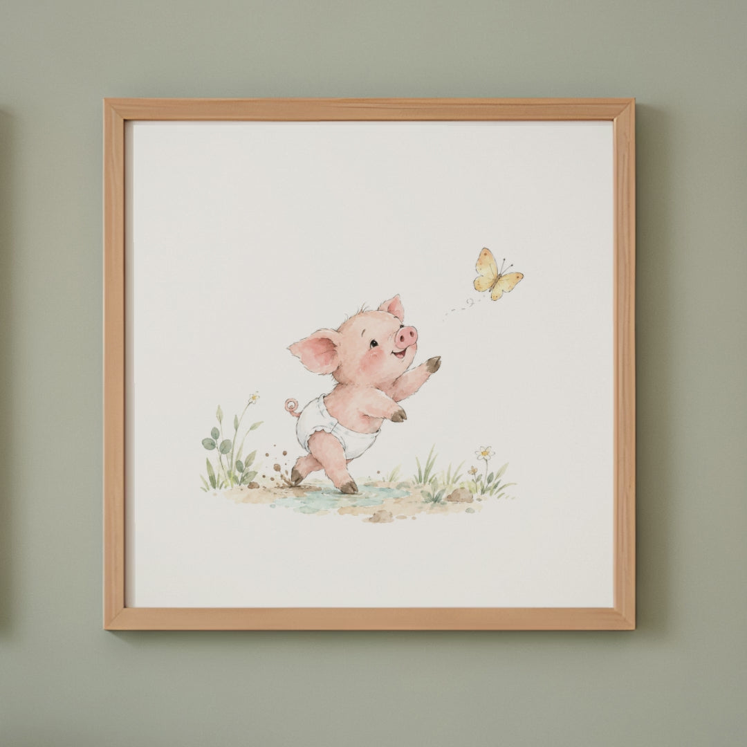 Petit cochon en couche blanche tend les pattes vers un papillon