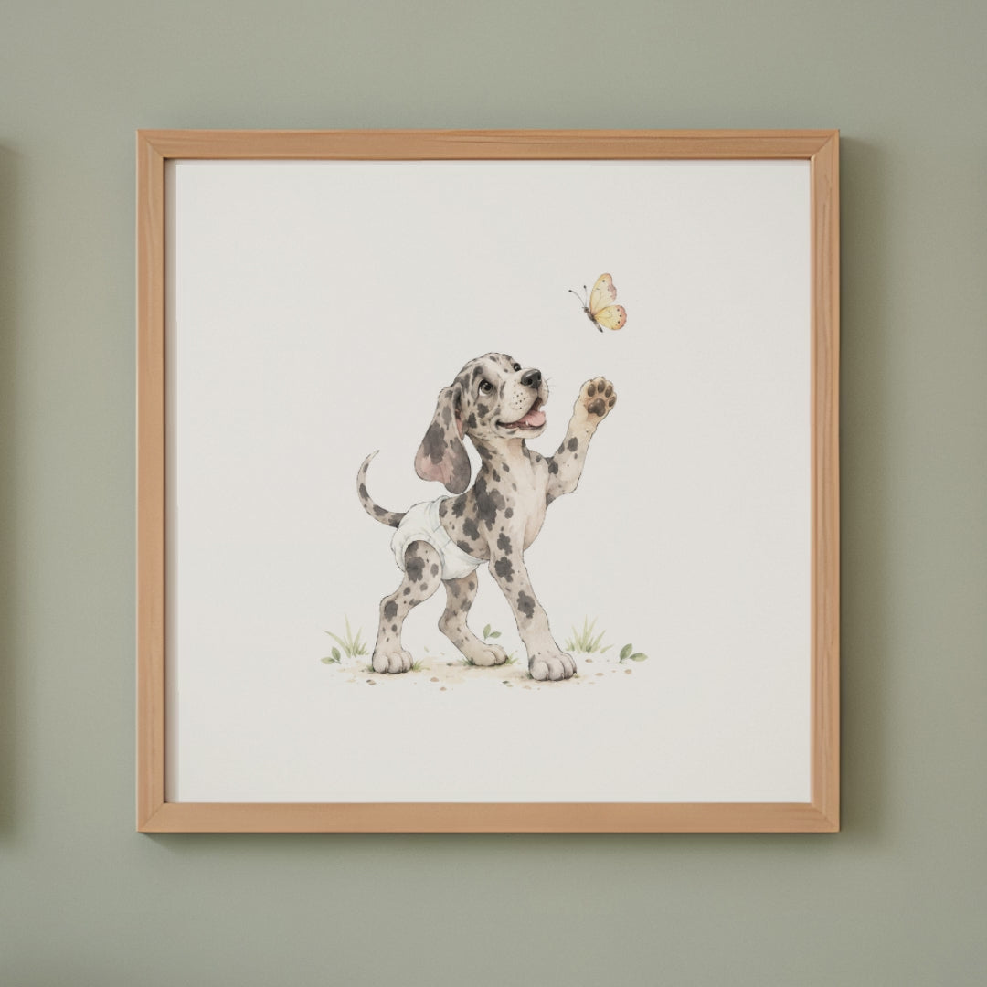 Bébé dogue allemand en couche blanche à la poursuite d’un papillon