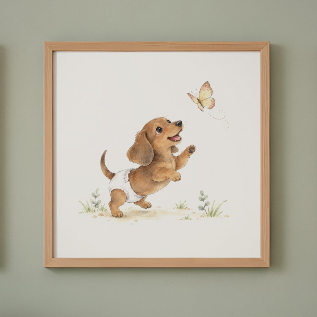 Petit teckel en couche blanche à la poursuite d’un papillon