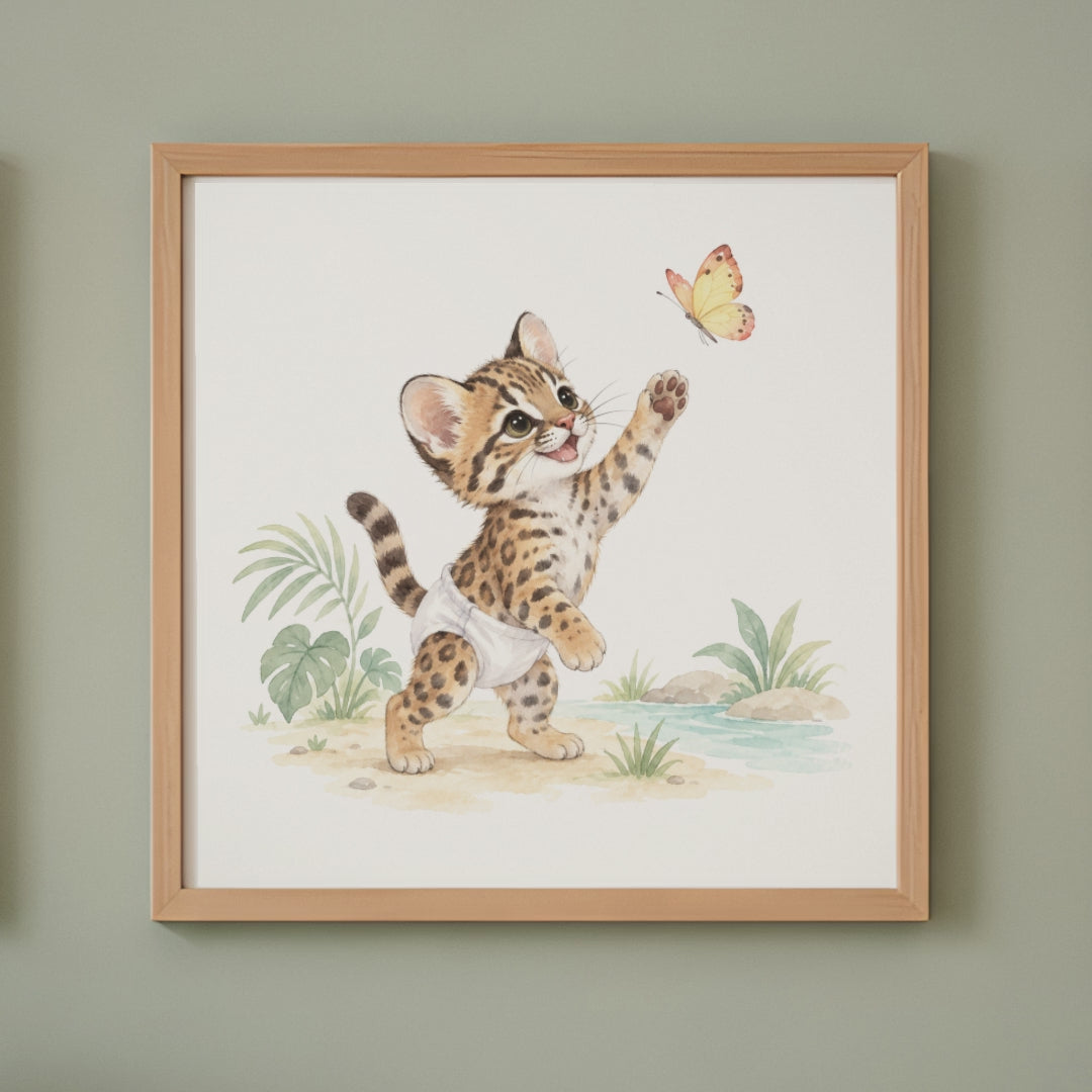 Bébé ocelot en couche blanche lève la patte pour attraper un papillon