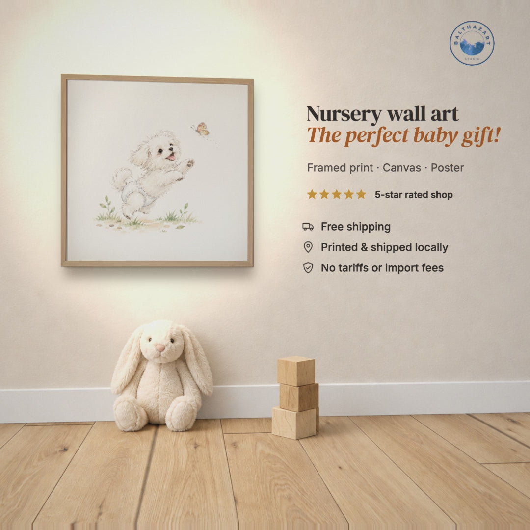 Bébé bichon maltais en couche blanche tend les pattes vers un papillon