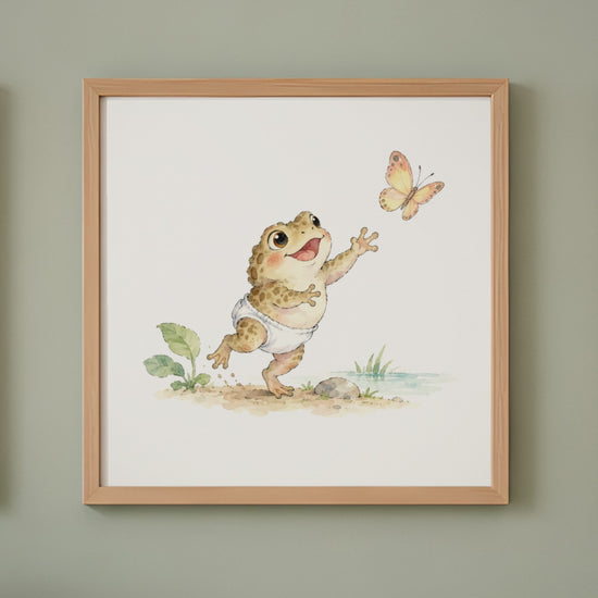 Bébé crapaud en couche essaie d’attraper un papillon dans les herbes