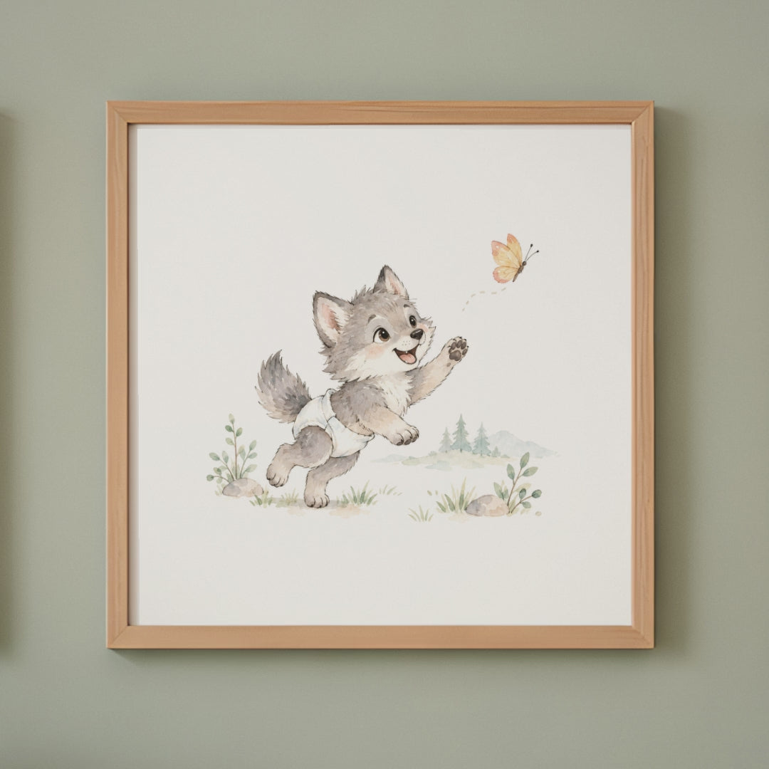 Louveteau en couche blanche à la chasse au papillon dans la clairière