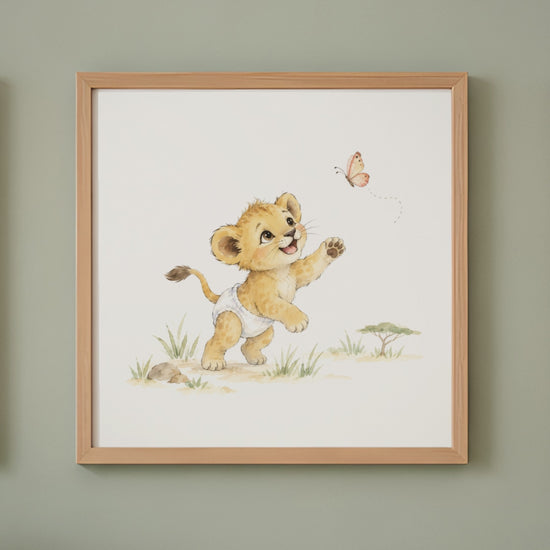 Lionceau en couche blanche tend les pattes vers un papillon