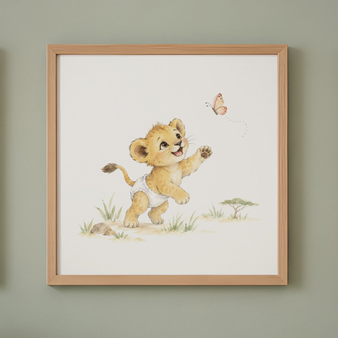Lionceau en couche blanche tend les pattes vers un papillon