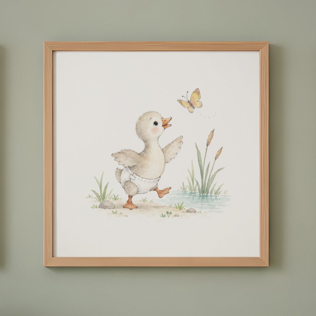 Petit oison en couche blanche tente d’attraper un papillon