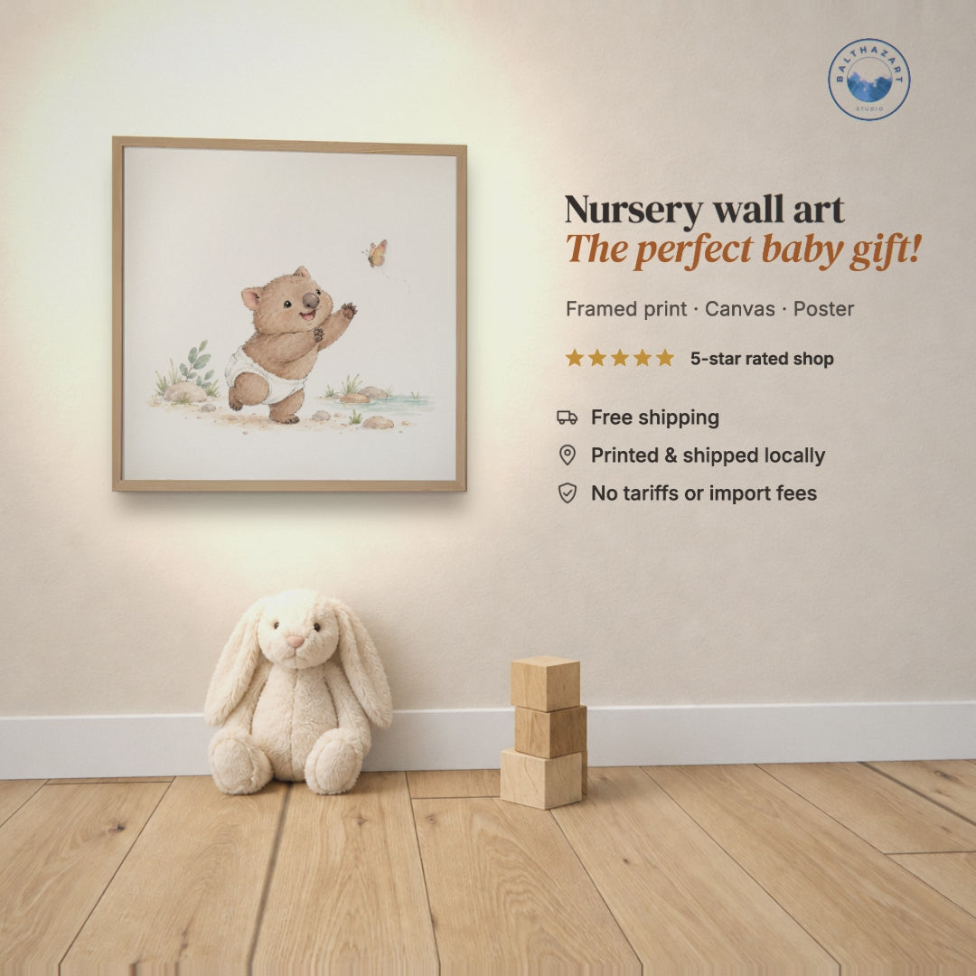 Affiche chambre bébé : petit wombat et papillon