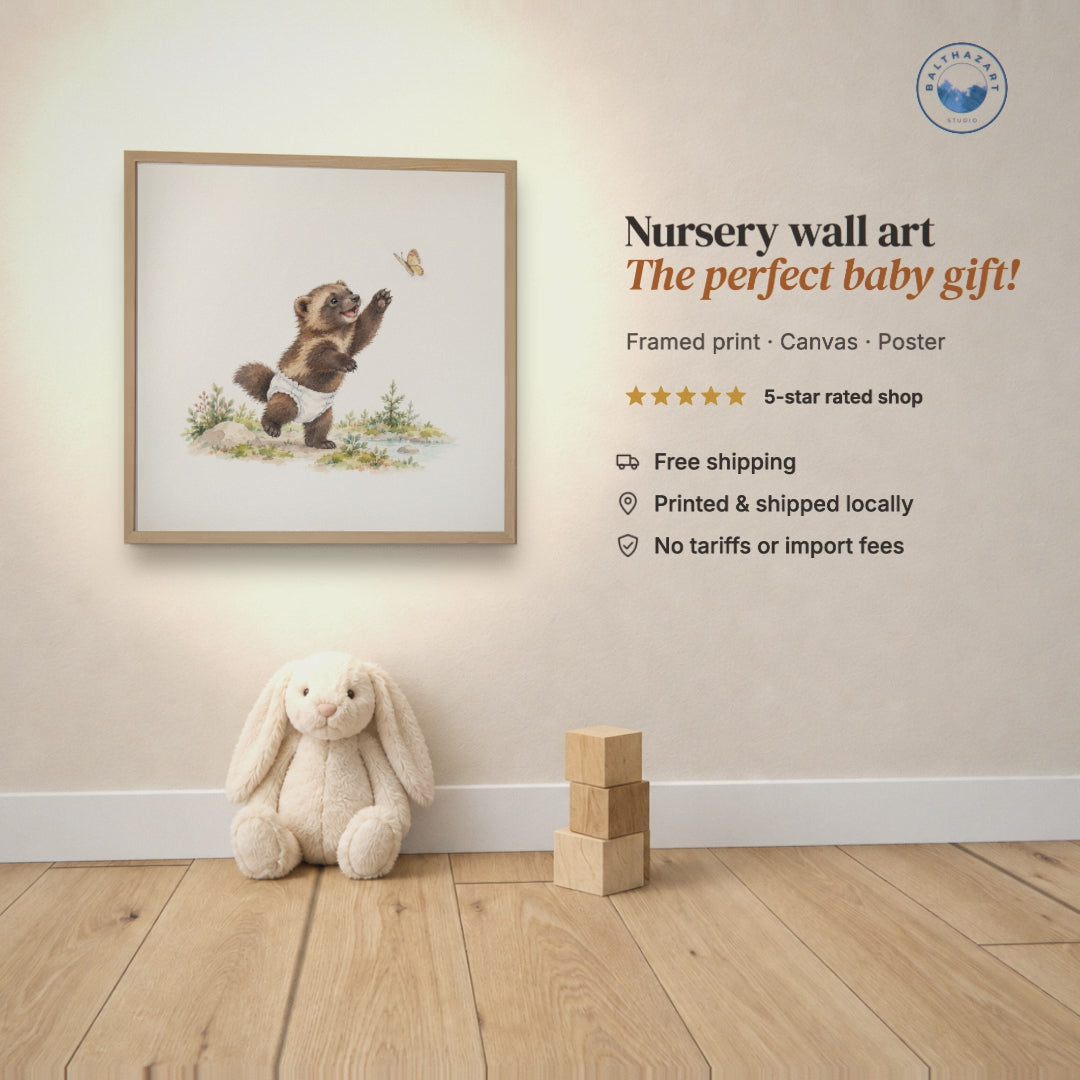 Affiche bébé glouton et son papillon, une tendre aventure
