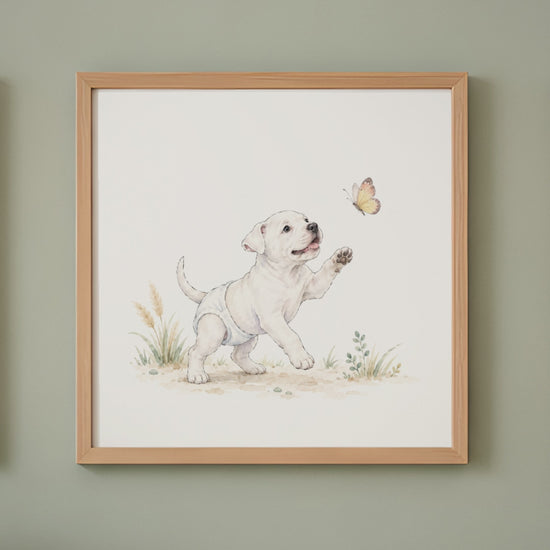 Bébé dogue argentin en couche blanche tente de saisir un papillon