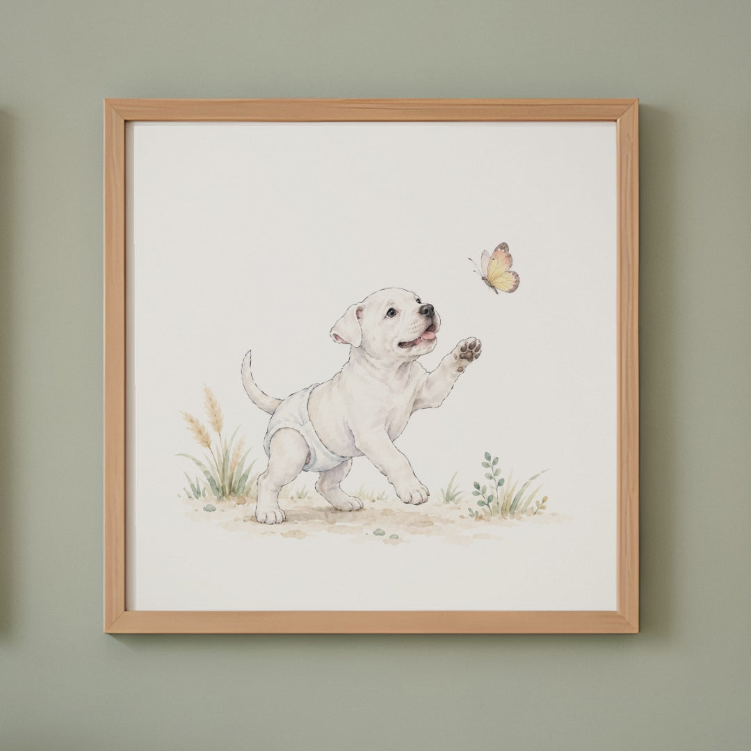 Bébé dogue argentin en couche blanche tente de saisir un papillon