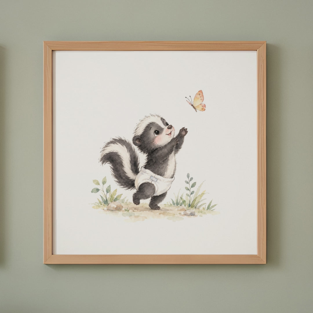Bébé mouffette en couche blanche tend les pattes vers un papillon