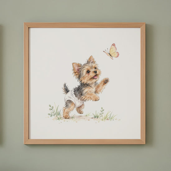 Chiot yorkshire en couche blanche bondit vers un papillon