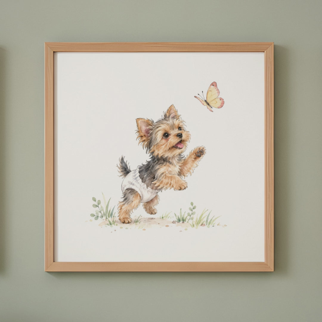 Chiot yorkshire en couche blanche bondit vers un papillon