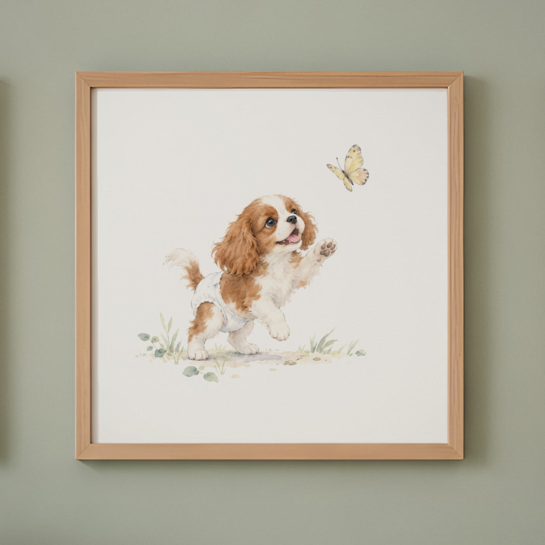 Bébé cavalier king charles en couche blanche essaie d’attraper un papillon