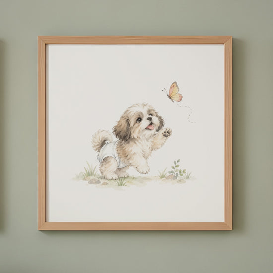 Bébé shih tzu en couche blanche poursuit un papillon au jardin