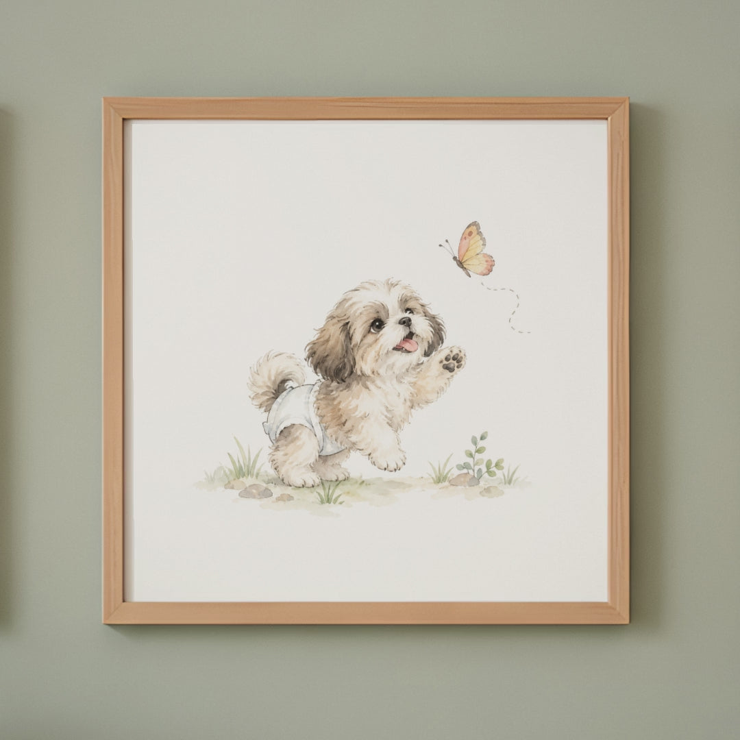 Bébé shih tzu en couche blanche poursuit un papillon au jardin