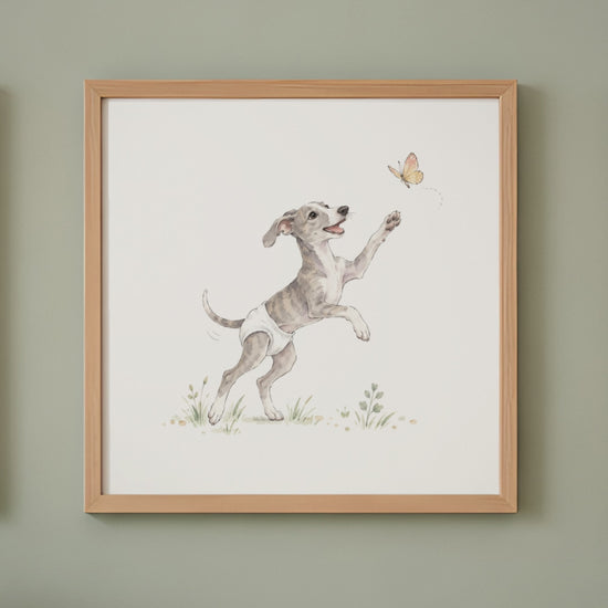 Bébé lévrier en couche blanche tend la patte vers un papillon