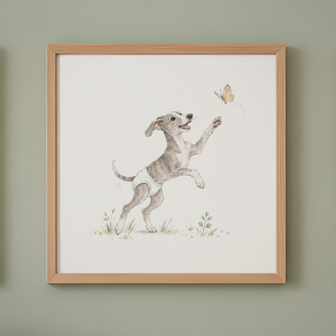 Bébé lévrier en couche blanche tend la patte vers un papillon