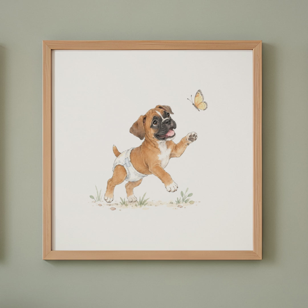 Chiot boxer fauve en couche blanche joue avec un papillon