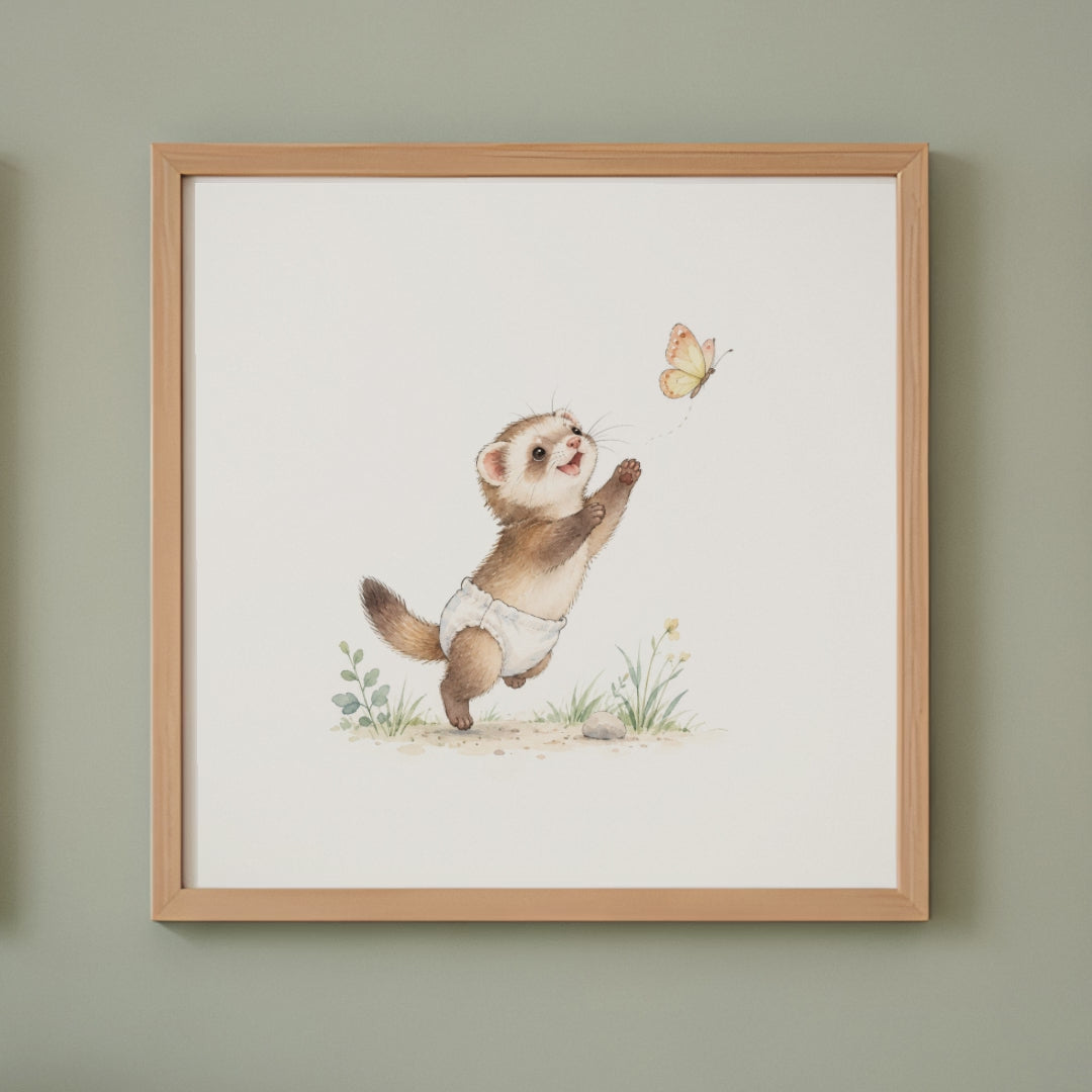 Petit furet en couche blanche à la poursuite d’un papillon