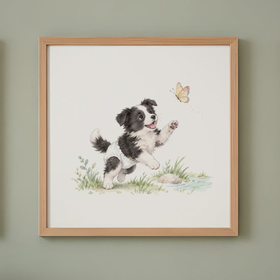 Bébé border collie en couche blanche essaie de rejoindre un papillon