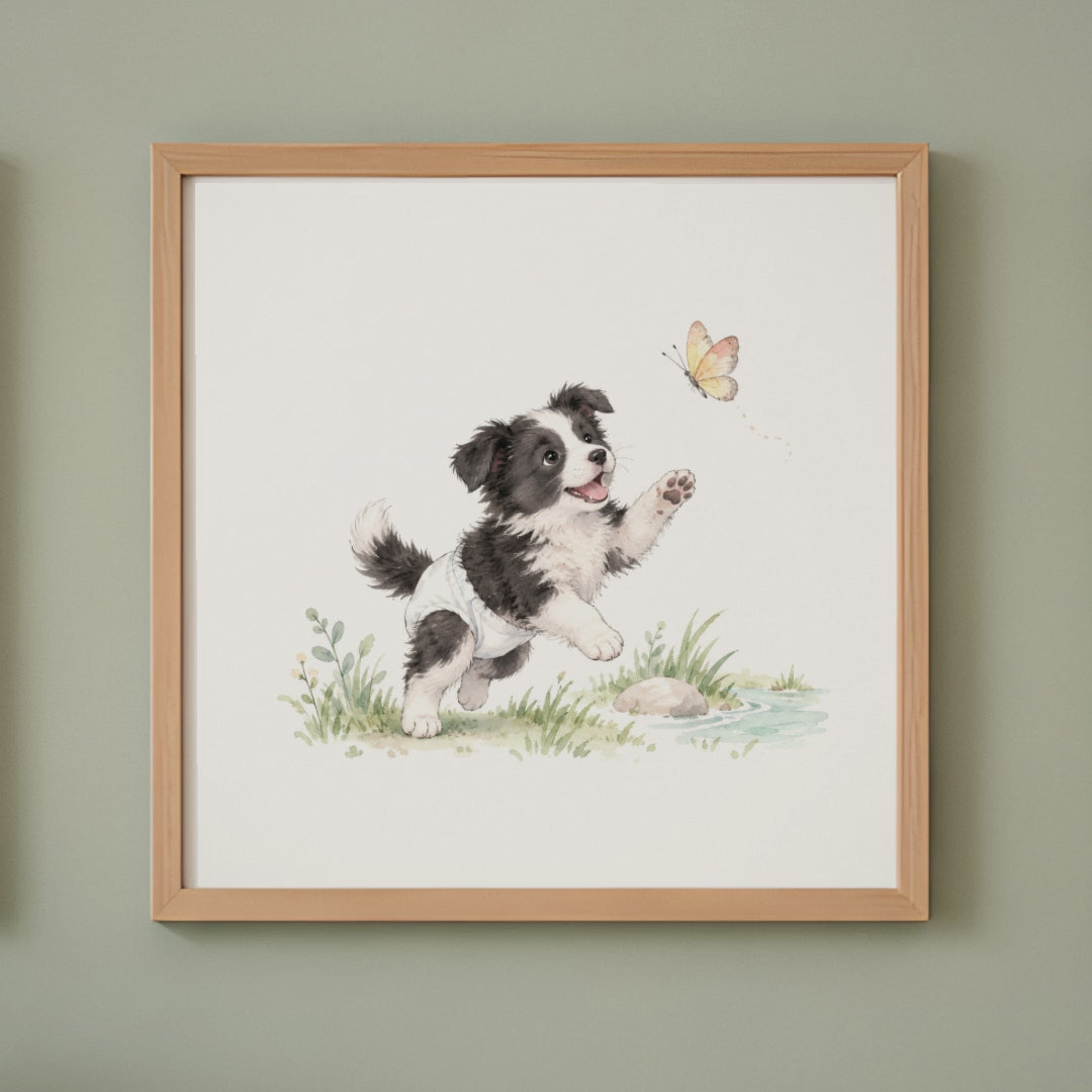 Bébé border collie en couche blanche essaie de rejoindre un papillon