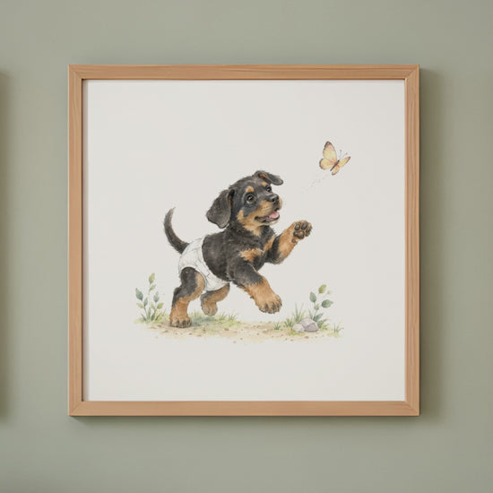 Bébé beauceron en couche blanche tend la patte vers un papillon