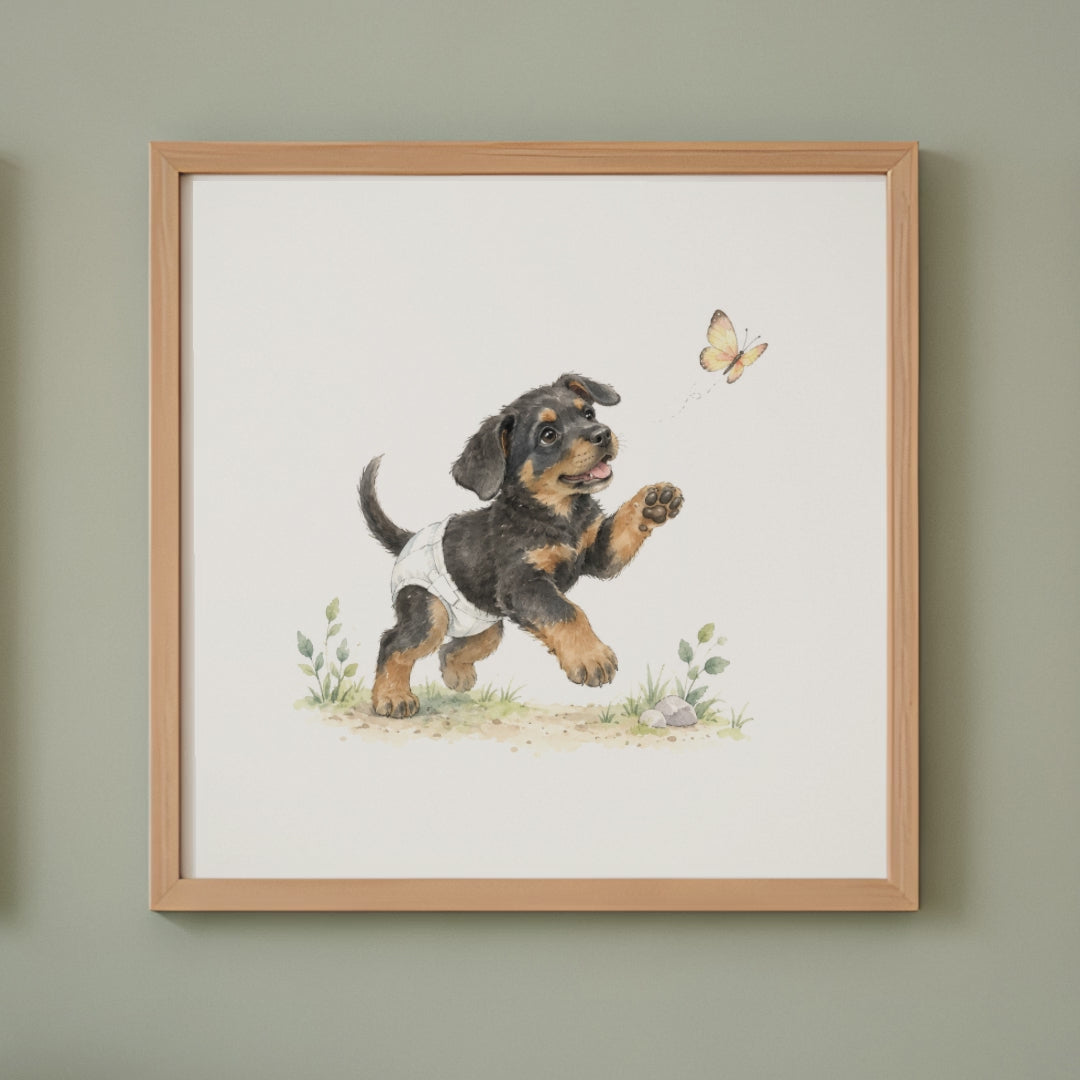Bébé beauceron en couche blanche tend la patte vers un papillon