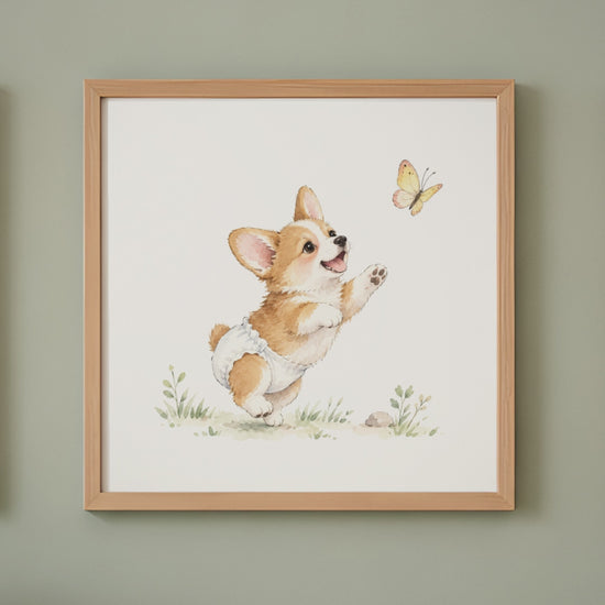 Bébé corgi aux petites pattes essaie d’attraper un papillon