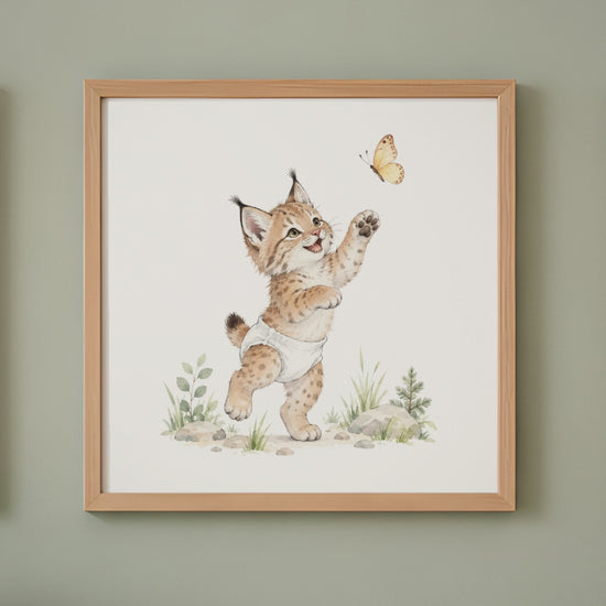 Petit lynx en couche blanche à la chasse au papillon