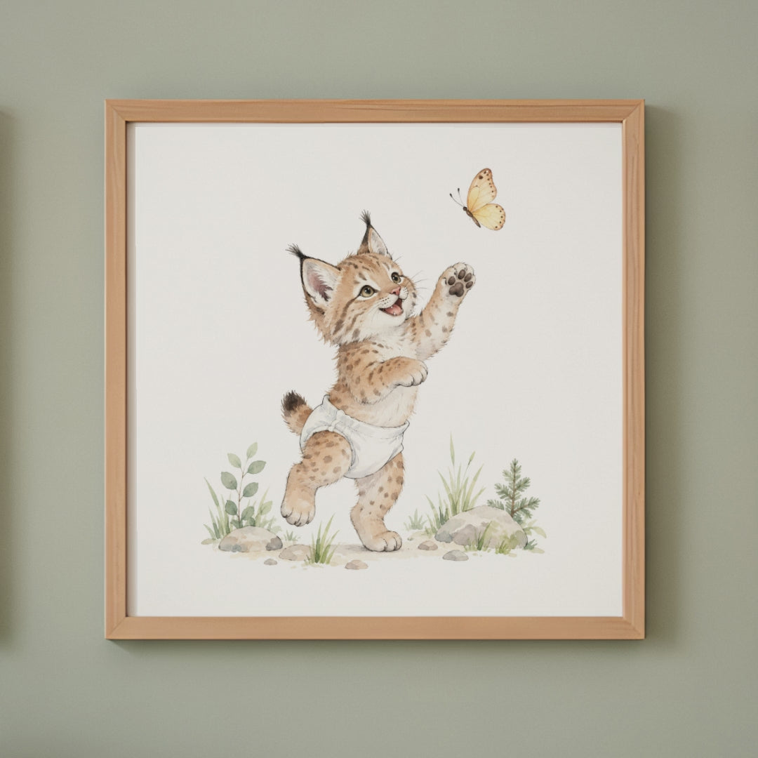 Petit lynx en couche blanche à la chasse au papillon