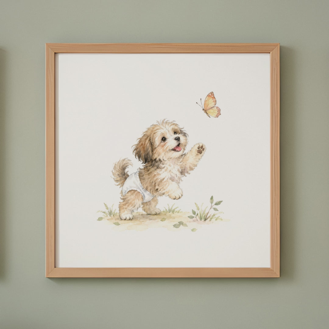 Bébé bichon havanais en couche blanche tend les pattes vers un papillon