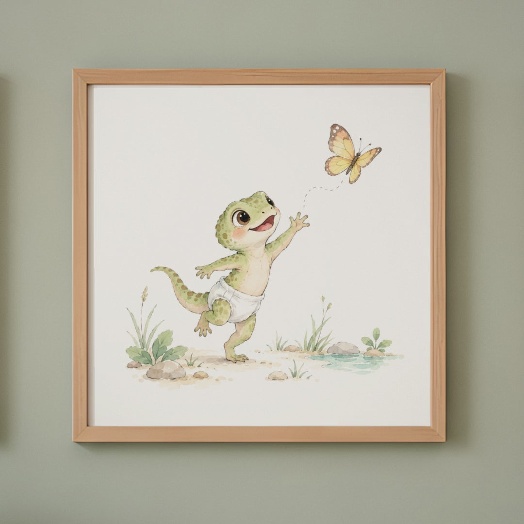 Bébé lézard en couche blanche essaie d’attraper un papillon