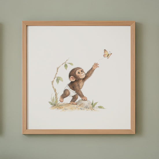 Bébé chimpanzé en couche blanche joue à attraper un papillon