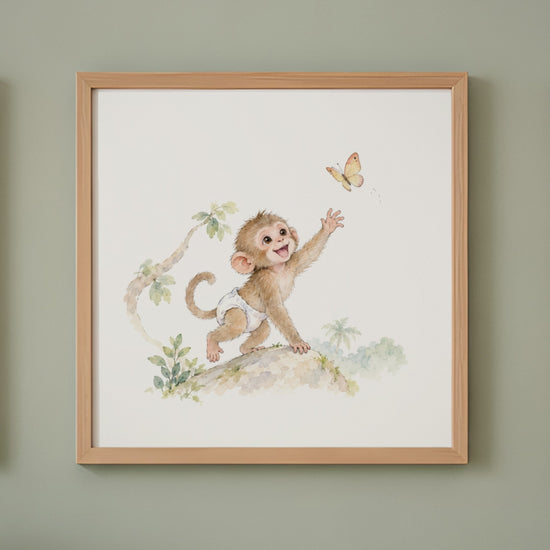 Bébé macaque en couche blanche joue à attraper un papillon