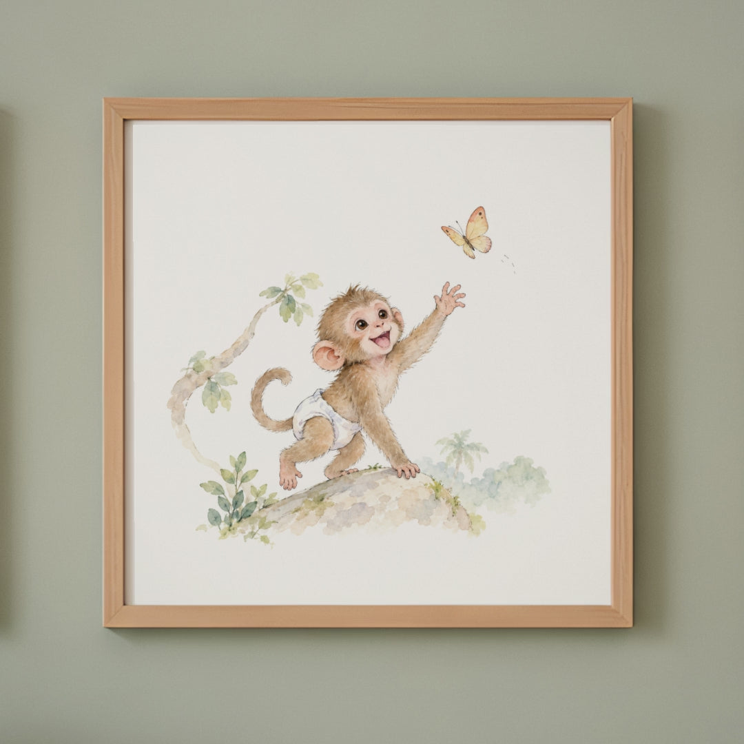 Bébé macaque en couche blanche joue à attraper un papillon