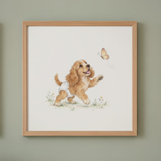 Bébé cocker anglais en couche blanche cherche à attraper un papillon