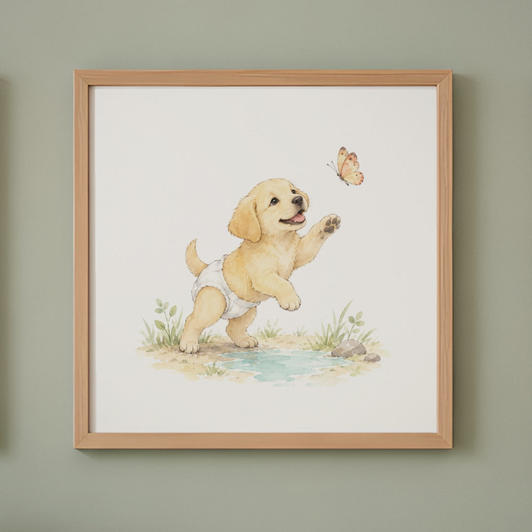 Chiot labrador jaune en couche blanche à la chasse au papillon